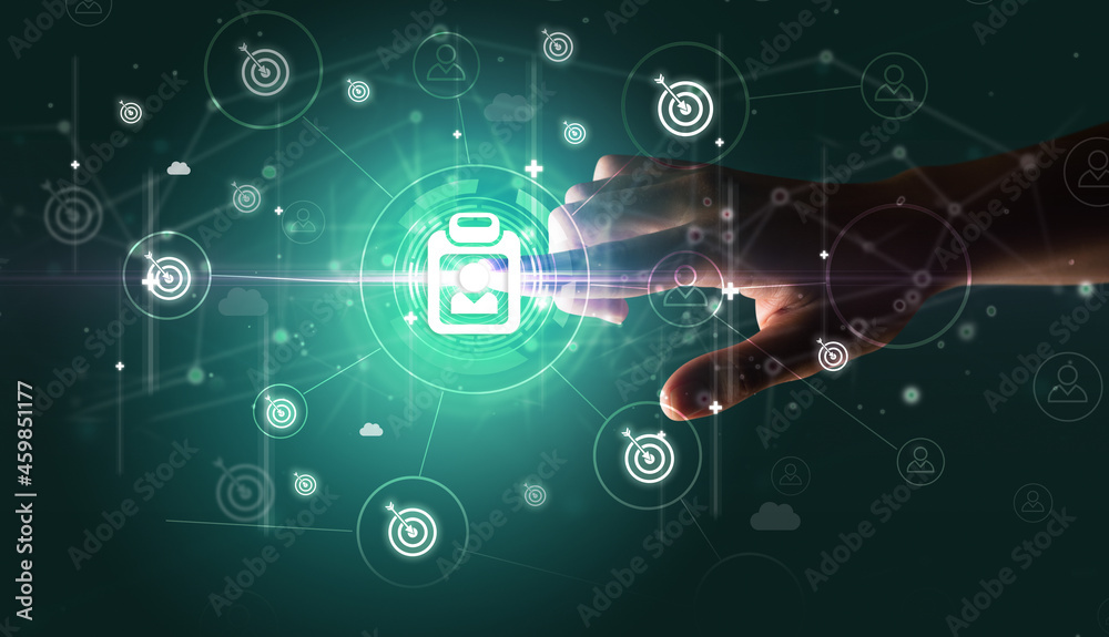 Businessman hand pressing stock graphic information on multitouch screen Businessman hand pressing stock graphic information on multitouch screen