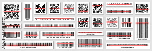 Product barcodes and QR codes with red scanning line. Identification tracking code. Serial number, product ID with digital information. Store, supermarket scan labels, price tag. Vector illustration.