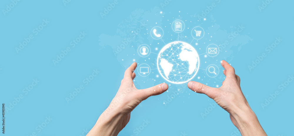 Business man hiold, use,press infographic icon of community technology digital.Concept of hi tech and big data. Global connection.IoT Internet of Things . ICT Information Communication Network . Business man hiold, use,press infographic icon of community technology digital.Concept of hi tech and big data. Global connection.IoT Internet of Things . ICT Information Communication Network .