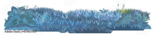 Dense meadow in the evening. Dark thickets at night. Grass area. Beautiful and graceful landscape. Flat style. Cartoon design. Isolated on white background. Vector