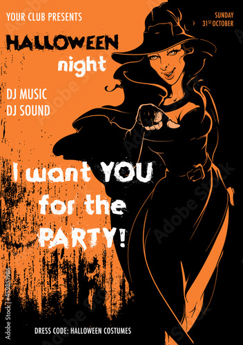 Beautiful young girl cosplaying witch in cloak and hat pointing out with her finger. Halloween party flyer template. EPS10 Vector illustration.