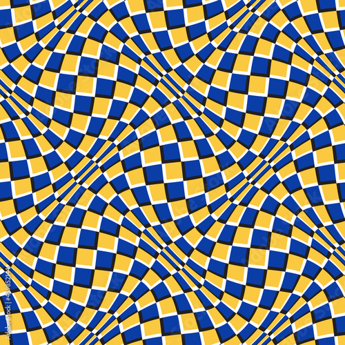Optical illusion seamless pattern. Moving repeatable orange blue warped checkered texture.