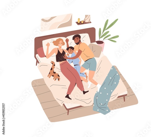 Family sleeping in bed. Mother, father and child lying and resting at home together. Parents and kid relaxing in bedroom. Mom, dad and boy napping. Flat vector illustration isolated on white