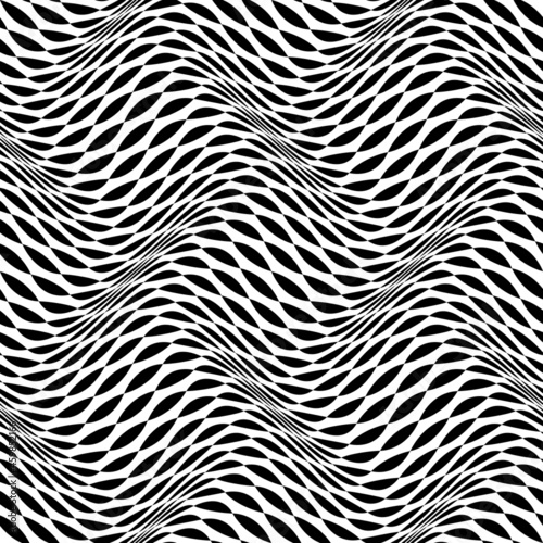 Optical seamless pattern of black white warped ornament of simple shapes. Psychedelic wavy monochrome repeatable texture.