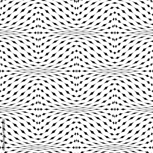 Optical illusion distorted black diamonds seamless pattern. Psychedelic wavy monochrome repeatable texture. Scroll up and down to watch illusion effect.