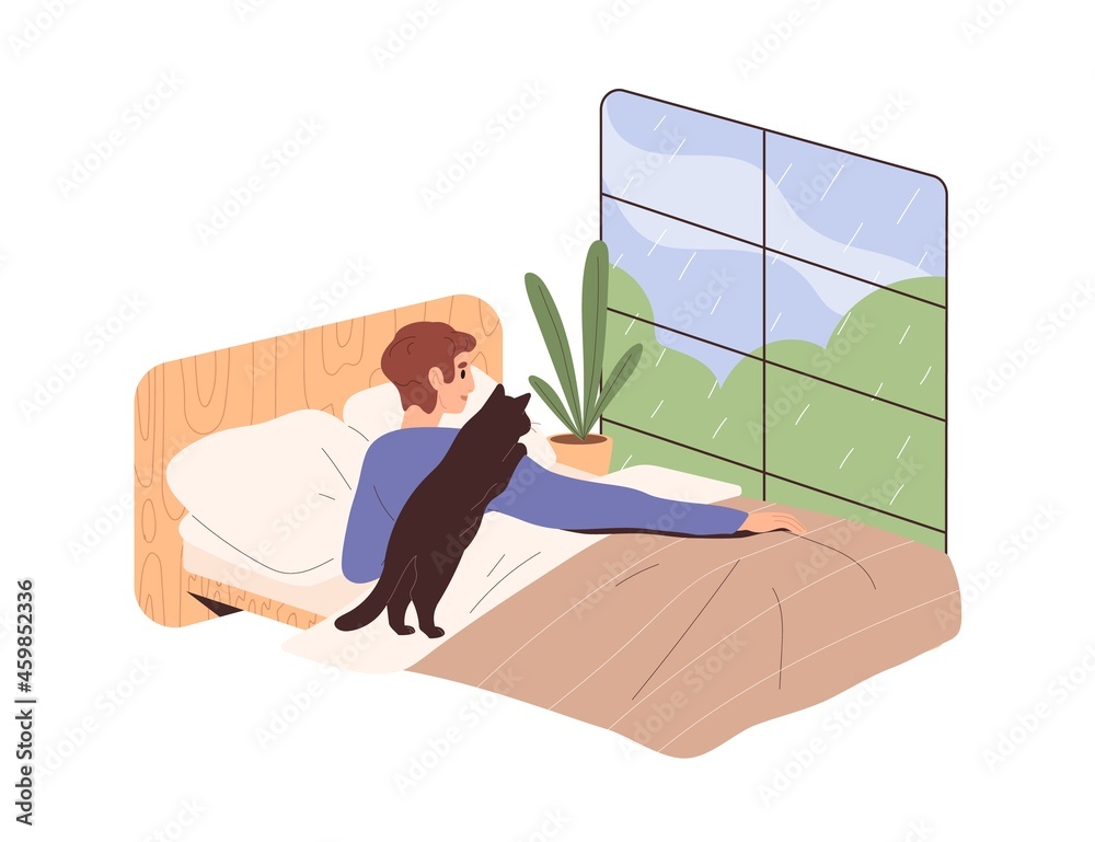 Person and cat looking through window and rain outside. Man lying and relaxing in comfort in cozy bed under blanket at home in rainy weather. Flat vector illustration isolated on white background