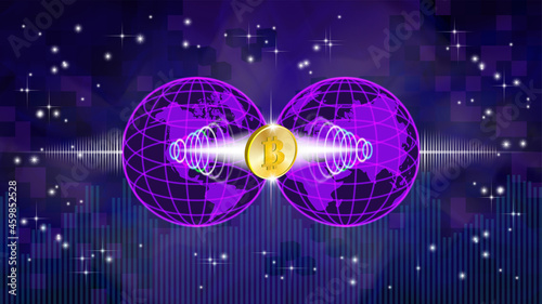 3d abstract futuristic banner with a gold bitcoin token on the background of the purple hemispheres of the planet Earth. Starry outer space with nebula, graphs and bright glow. Finance abstraction