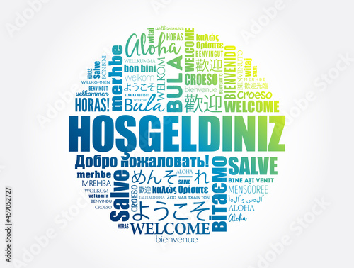 Hosgeldiniz (Welcome in Turkish) word cloud in different languages, conceptual background photo