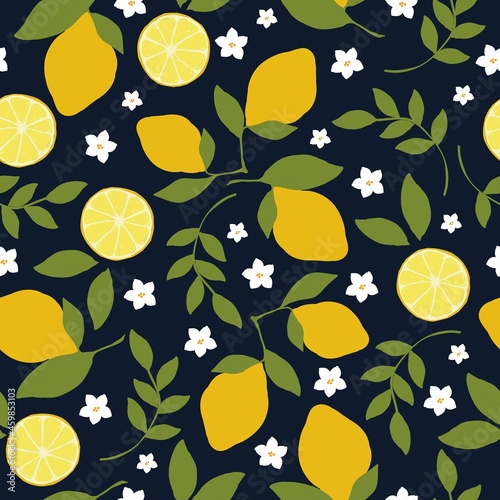 Seamless vintage pattern. ripe lemons, white flowers, green leaves on a dark background. vector texture. trend print for textiles and wallpaper.