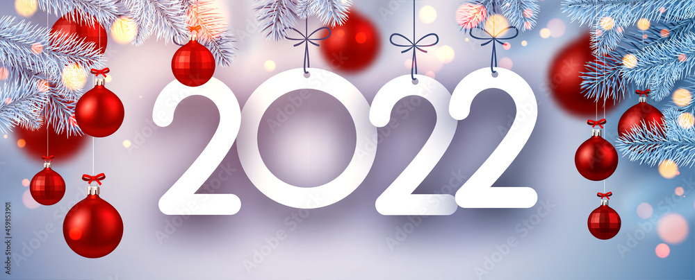 Christmas In The Adobes 2022 Hanging 2022 And Christmas Balls With Spruce Branches. Stock Vector | Adobe  Stock