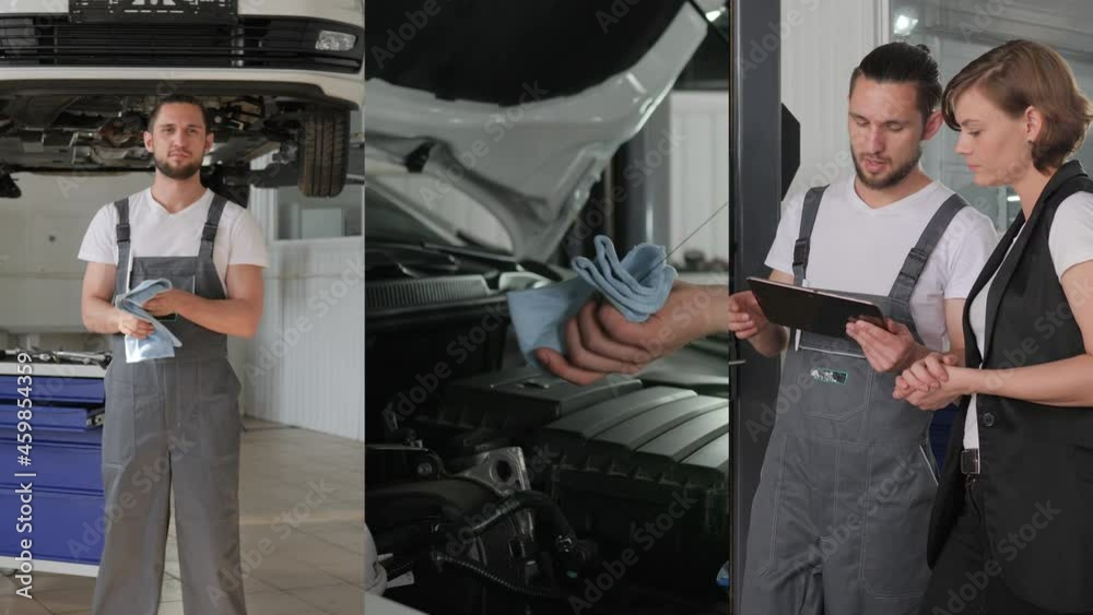 multiscreen master wiping hands after repairing on background hydraulic lift, specialist checking oil level with oil dipstick, mechanic hold tablet talks with client about work done