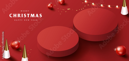 Merry Christmas banner with product display cylindrical shape and festive decoration