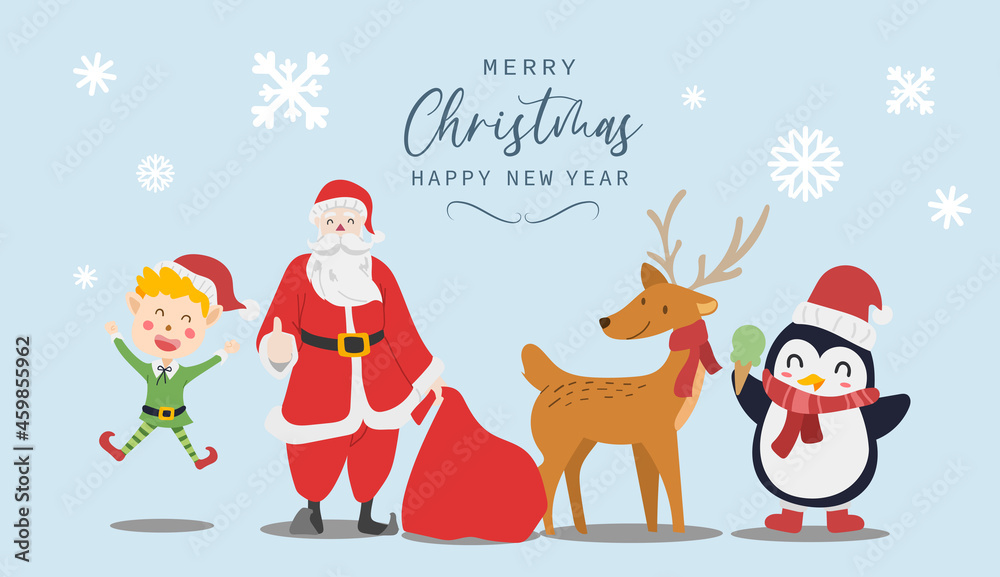 Merry christmas and happy new year greeting card. Cute cartoon characters design of Santa Claus, Penguin, Reindeer and Elf boy costume. Vector illustration Merry christmas and happy new year greeting card. Cute cartoon characters design of Santa Claus, Penguin, Reindeer and Elf boy costume. Vector illustration
