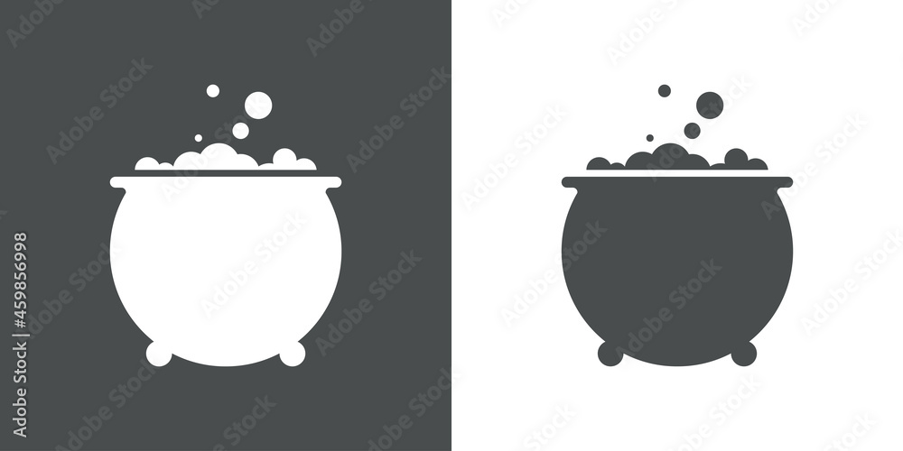 Poción de bruja para Halloween. Icono plano caldero de hierro con burbujas en fondo gris y fondo blanco