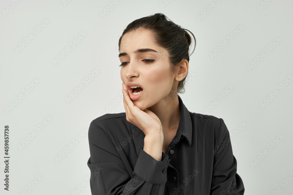 woman in black shirt migraine stress negative health problems woman in black shirt migraine stress negative health problems