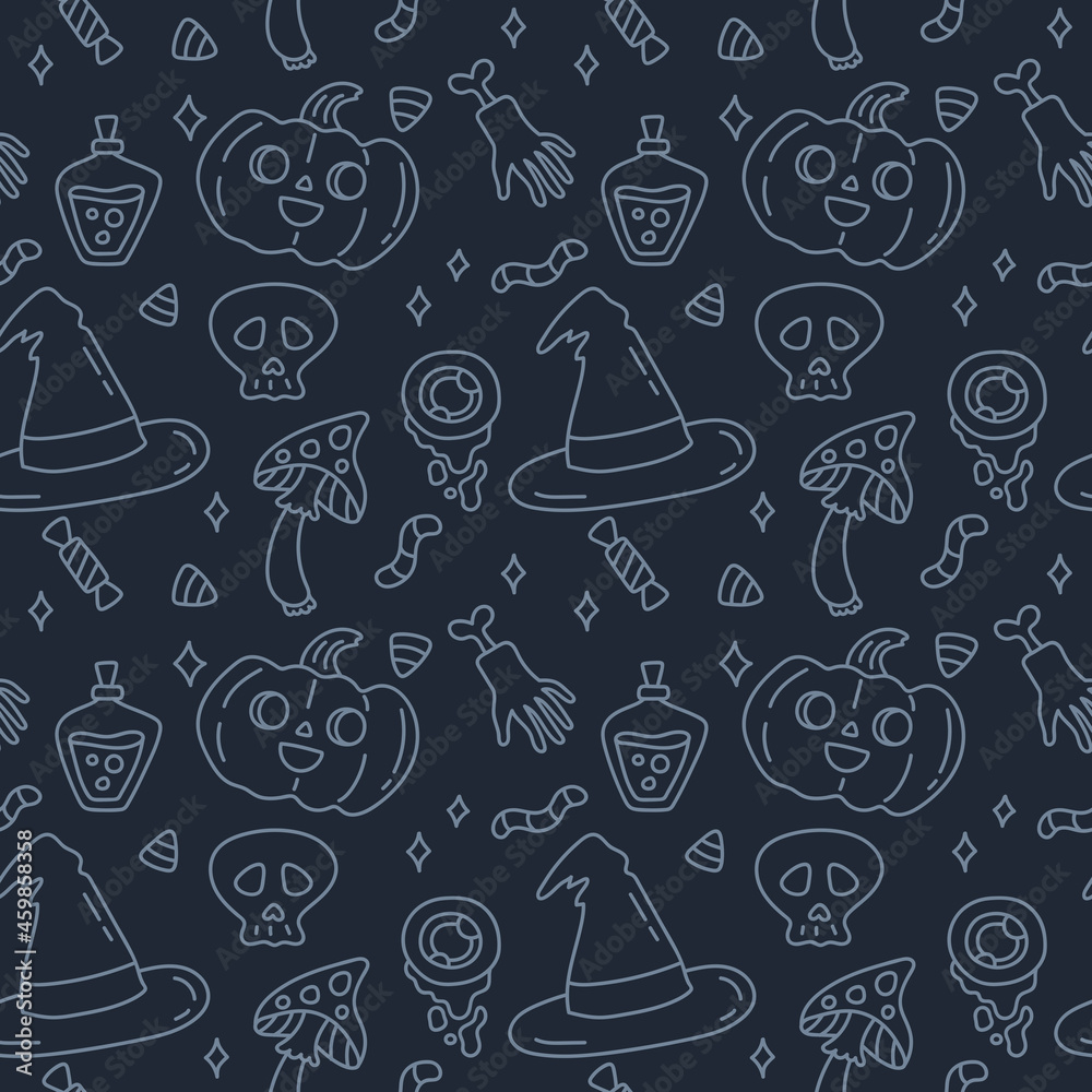 Happy Halloween. Seamless pattern. Cute doodle vector illustration with magic hat, pumpkin, candy, skull, mushroom, potion, hand with bone on dark blue background.