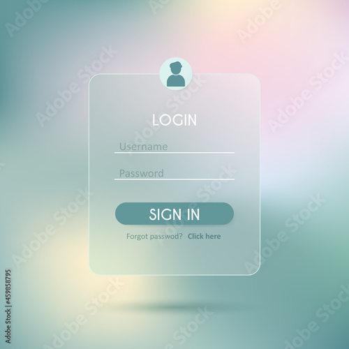 Glassmorphism vector concept. Glass effect login page. Mobile app login and signup UI concept. Blurered sign up form design