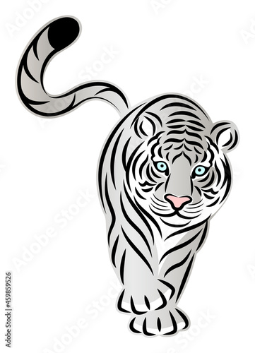 悠々と歩くホワイトタイガー 白虎 切り絵風のシンプルなイラスト ベクター White tiger walking leisurely, simple illustration in cutout style, vector