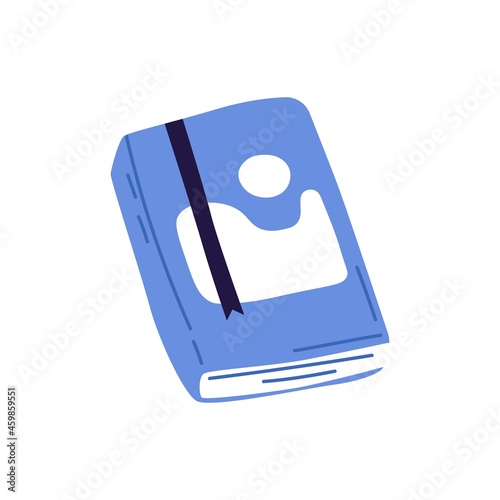 Closed paper book with bookmark. Notebook with cover. Abstract sketchbook. Notepad for notes. Personal diary. Individual planner. Flat vector illustration isolated on white background