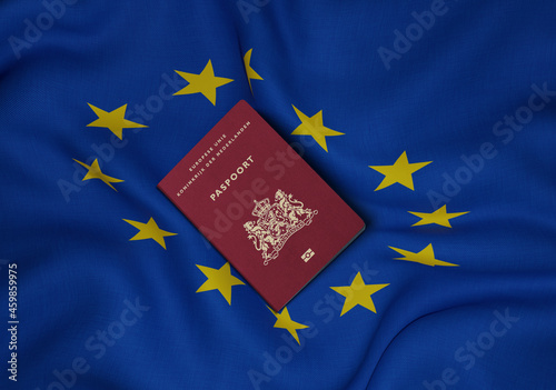 Netherlands passport with European Union flag in background