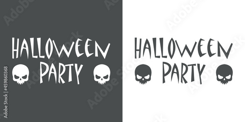 Banner con texto Halloween Party con silueta de craneos en fondo gris y fondo blanco