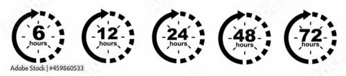 6, 12, 24, 48, 72 hours clock arrow. symbol work time, delivery and service time, isolated on white , vector icon Illustration