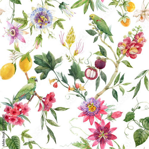 Wallpaper Mural Beautiful seamless tropical floral pattern with hand drawn watercolor exotic jungle flowers. Stock illustration. Torontodigital.ca