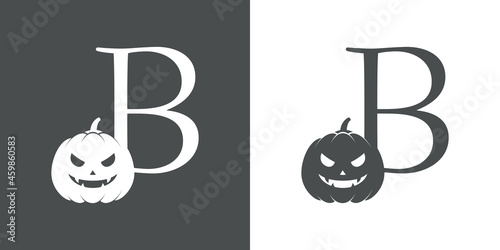 Logotipo letra inicial B con calabaza de Halloween en fondo gris y fondo blanco