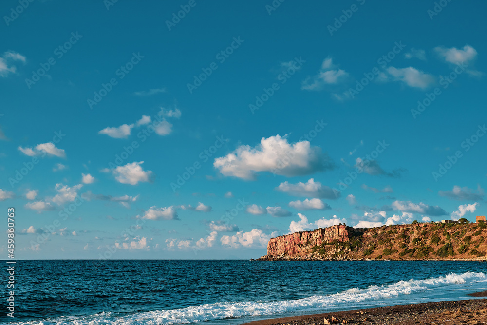 Beautiful view of red rocks promontory and sea, Sicily, Italy, travel destinations Beautiful view of red rocks promontory and sea, Sicily, Italy, travel destinations