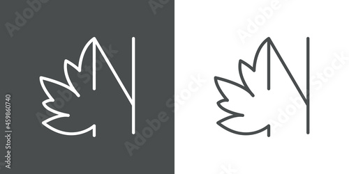 Logotipo letra inicial N en hoja de arce con lineas en fondo gris y fondo blanco