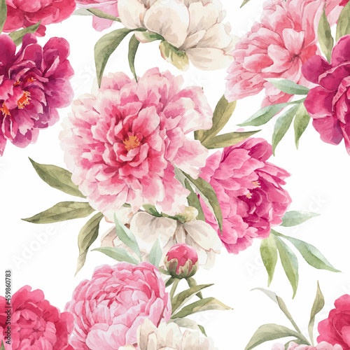 Beautiful vector seamless floral pattern with hand drawn watercolor gentle pink peony flowers. Stock illuistration. photo