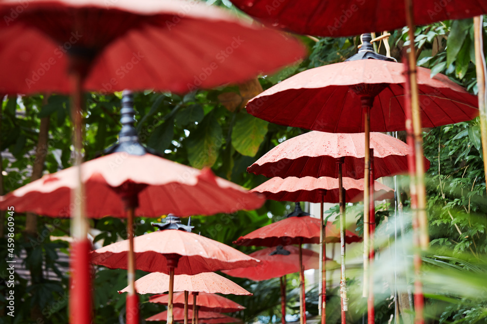 Closeup outdoor red decorative umbrella in Thailand