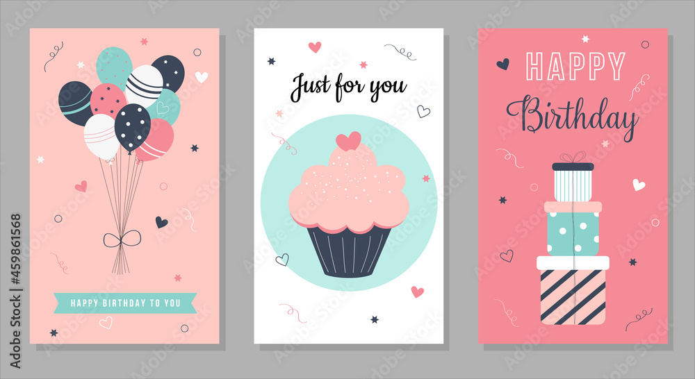 Plakat A set of birthday cards. Greeting postcards. Balloons, cupcakes, gift boxes. Vector illustration