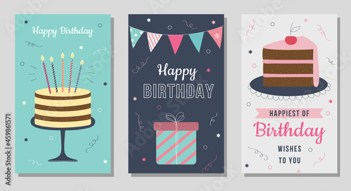 Happy birthday cards. Greeting postcards. A cake with candles, a gift box, a piece of birthday cake. Vector illustration.