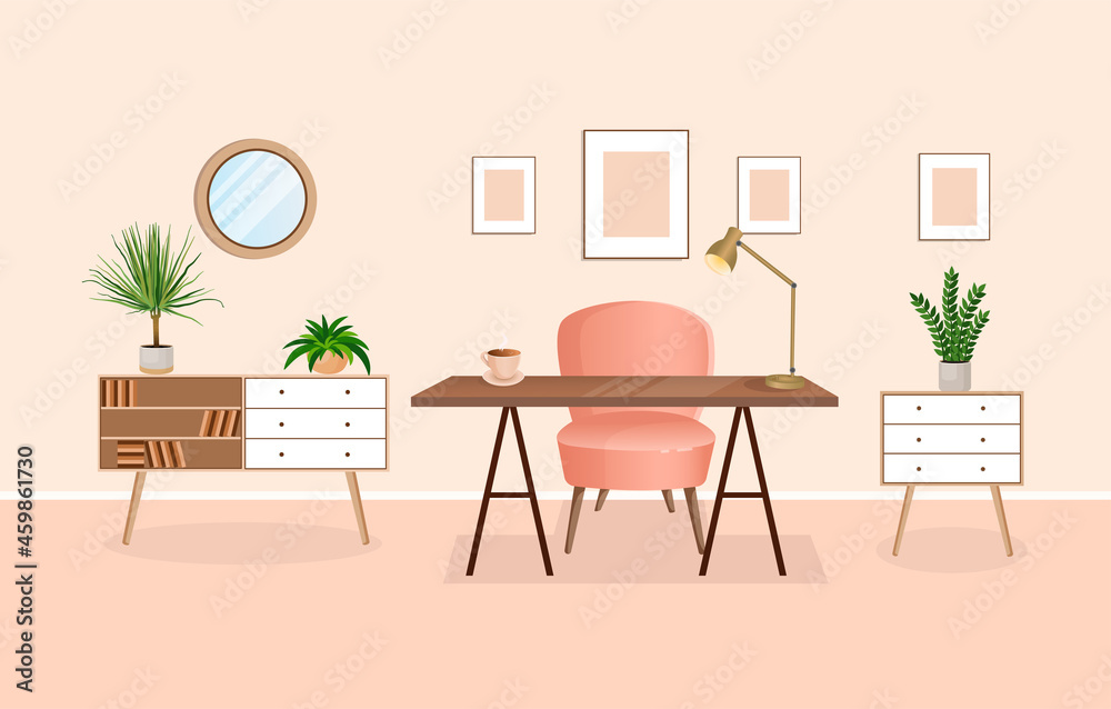 Fototapeta premium Interior of a room for working from home with furniture and houseplants. Office with computer, workplace, cabinet. Vector flat style illustration. Remote work, freelance, education and business.