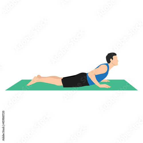 Yoga Man in Bhujangasana or cobra pose. Male cartoon character practicing Hatha yoga. Man demonstrating exercise during gymnastics training. Flat vector illustration.