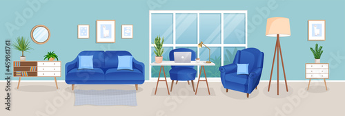 Design of a cozy room for working from home. Office with computer, workplace room, cabinet. Modern living room interior with furniture and house plants. Vector flat style illustration.