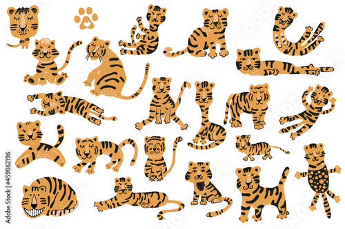 Set of cute tiger characters in full body in various poses. For children decor, nursery design, banner, emblem, pattern