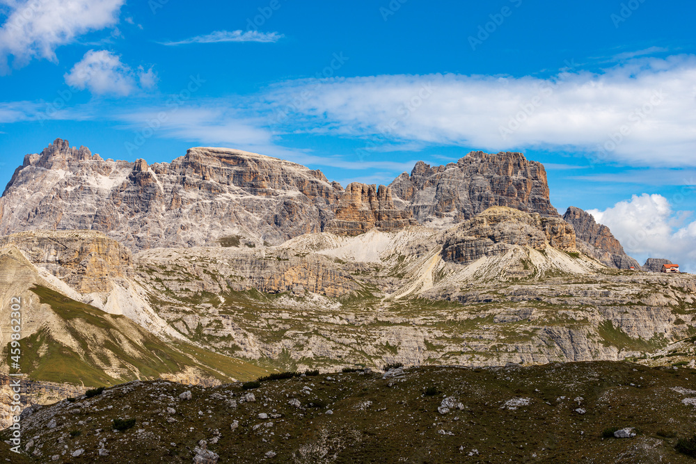 Mountain Peaks of Sexteen Dolomites from Tre Cime di Lavaredo. Punta Tre Scarperi, Lastron degli Scarperi, Torre di Toblin, Sasso di Sesto, UNESCO world heritage site, Trentino-Alto Adige, Italy.