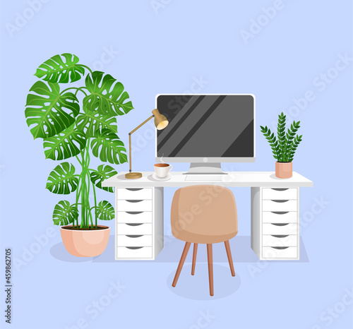 Workspace with computer, table, plant, lamp, chair and cup on isolated blue background for home office, cabinet, remote work, freelance, teaching. Vector illustration in flat cartoon style.