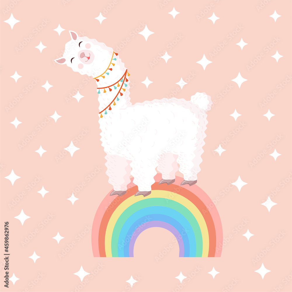 Fototapeta premium Vector illustration with a cheerful llama on a rainbow on a pink background with stars. Suitable for baby texture, textile, fabric, poster, greeting card, decor. Cute alpaca from Peru.