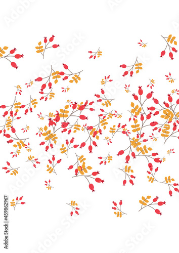 Pink Herb Background White Vector. Leaves Landscape Set. Green Foliage Outline. Rowan Template. Berries September.