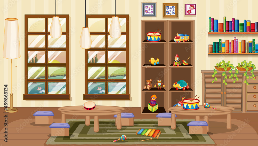 Kindergarten room with interior decoration and objects