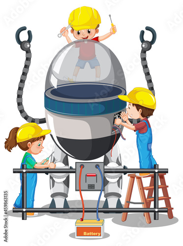 Children building robot together on white background