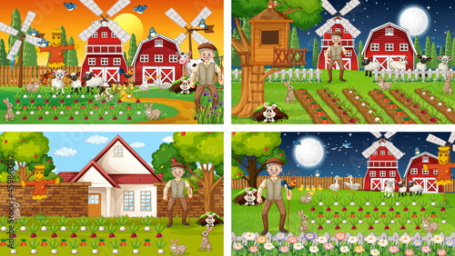 Different farm scenes with old farmer and animal cartoon character