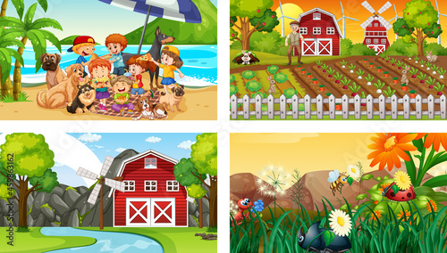 Four different scenes with children cartoon character