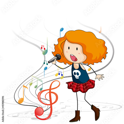 Doodle cartoon character of a singer girl singing with musical melody symbols