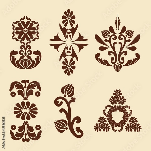 Vintage decorations for flower painting. Mehndi pattern. Damask patterns. Brown, beige color. For the design of wall, menus, wedding invitations or labels, for laser cutting, marquetry.