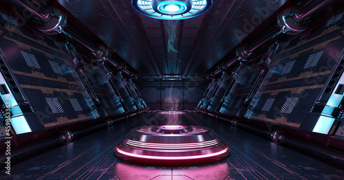 Fototapeta Naklejka Na Ścianę i Meble -  Blue and pink spaceship interior with projector. Futuristic corridor in space station with glowing neon lights background. 3d rendering