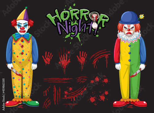 Horror Night text logo with Creepy Clowns